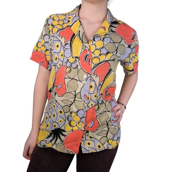 90s Vintage Tropical Print Short Sleeve Button Down Top Yellow Orange Green M - Picture 1 of 11